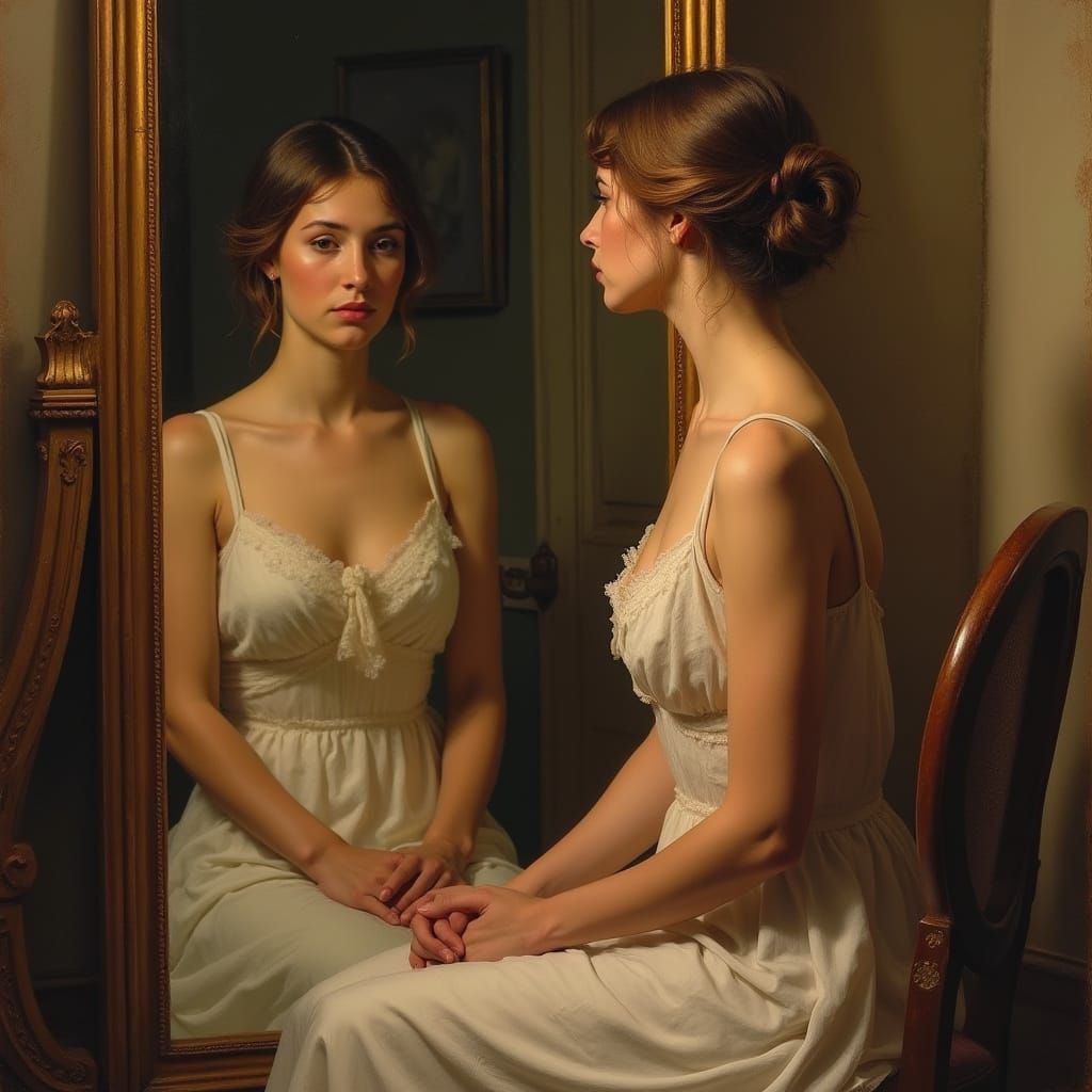 Woman Sees Future Self in Mirror, Expressing Sadness