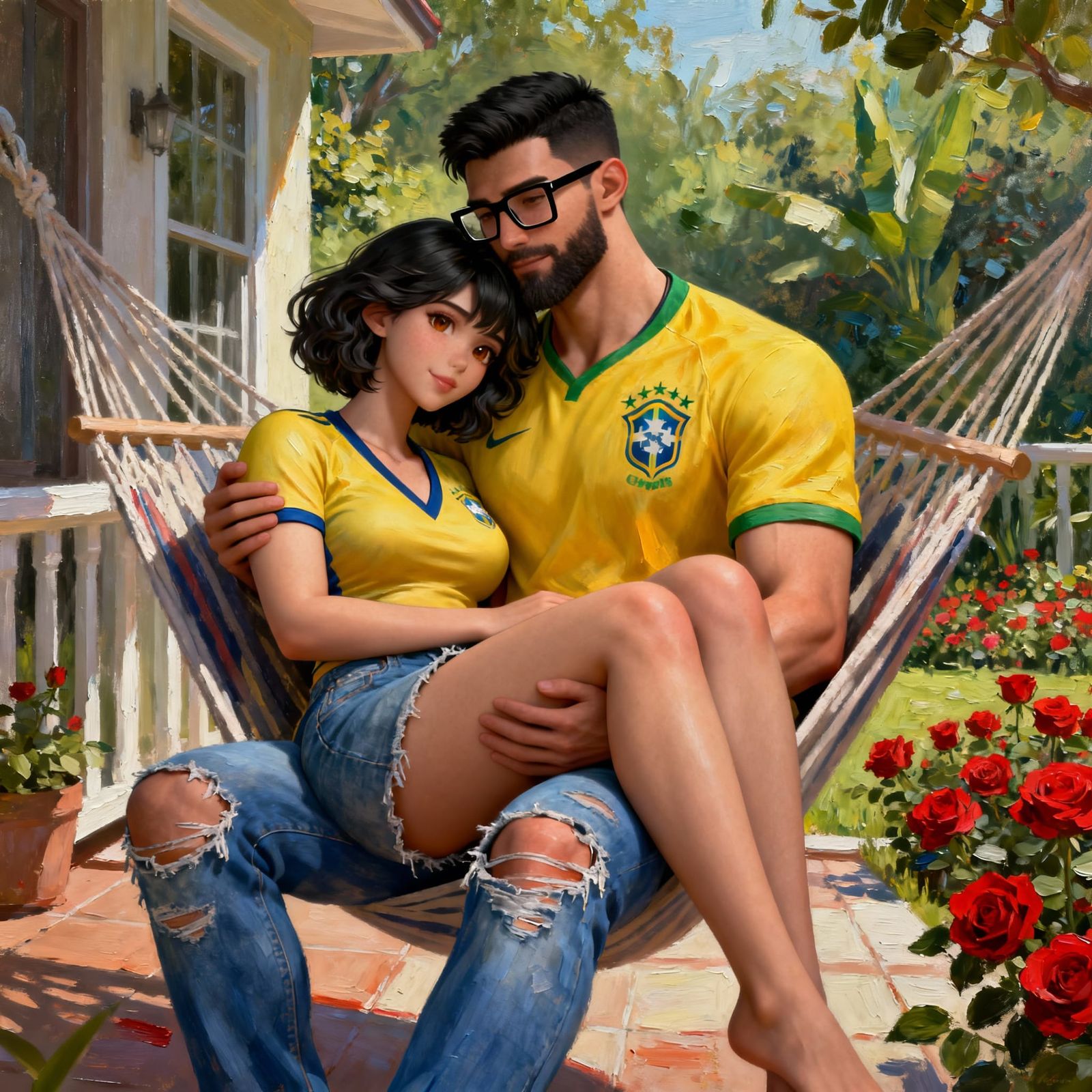 Couple in Love on Hammock, Impasto Oil Painting