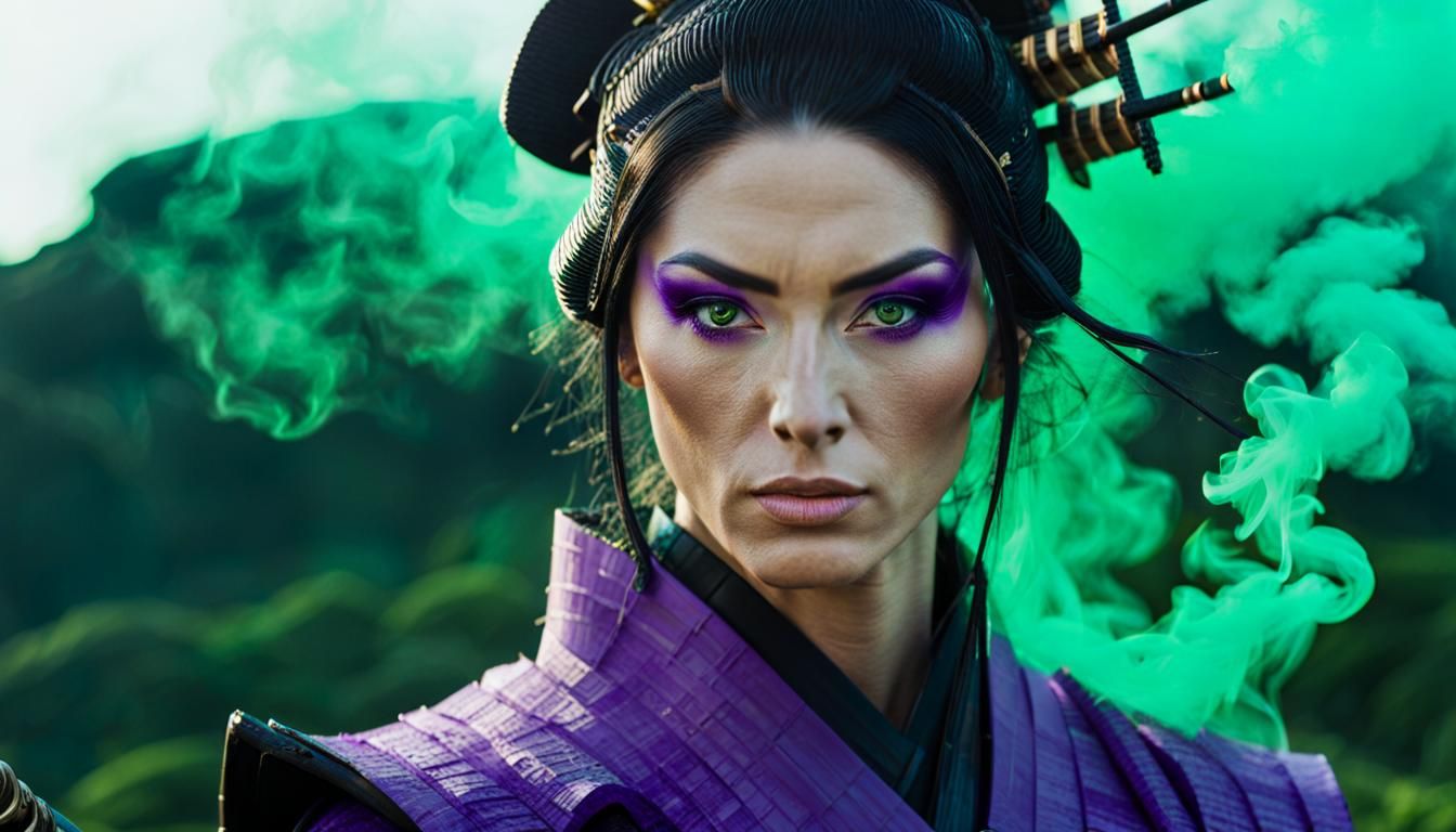 Green-Eyed Samurai in Purple Smoke