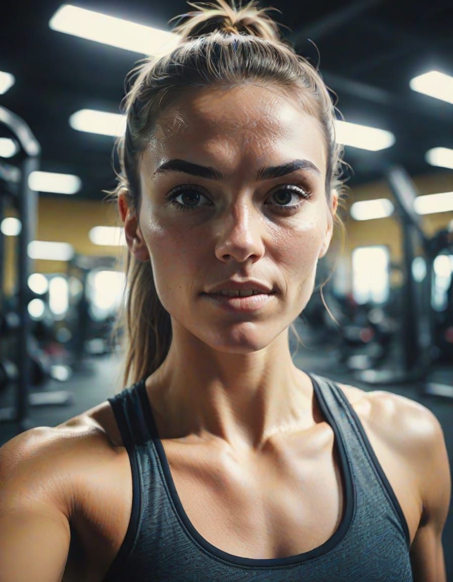 Athletic Woman's Gym Selfie in Cinematic Style