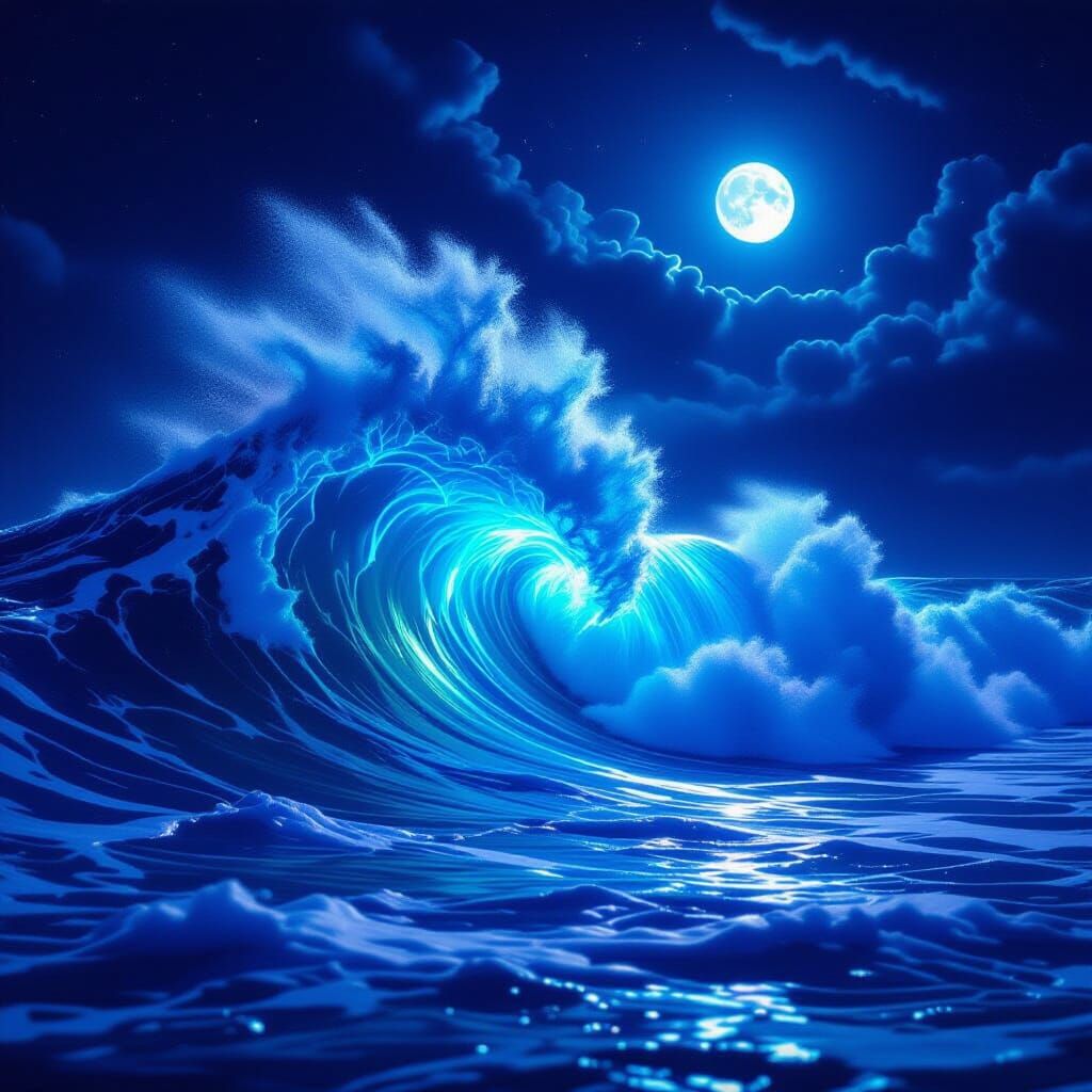 Bioluminescent Ocean Wave Crashing Under Moonlight