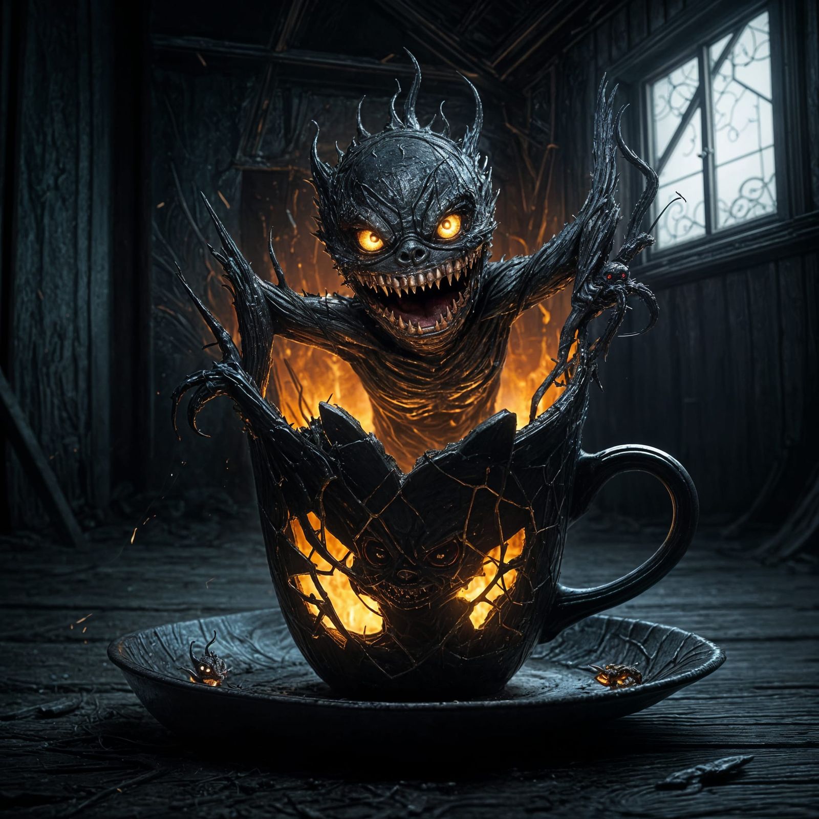 Demonic Shadow Creature Emerges from Teacup
