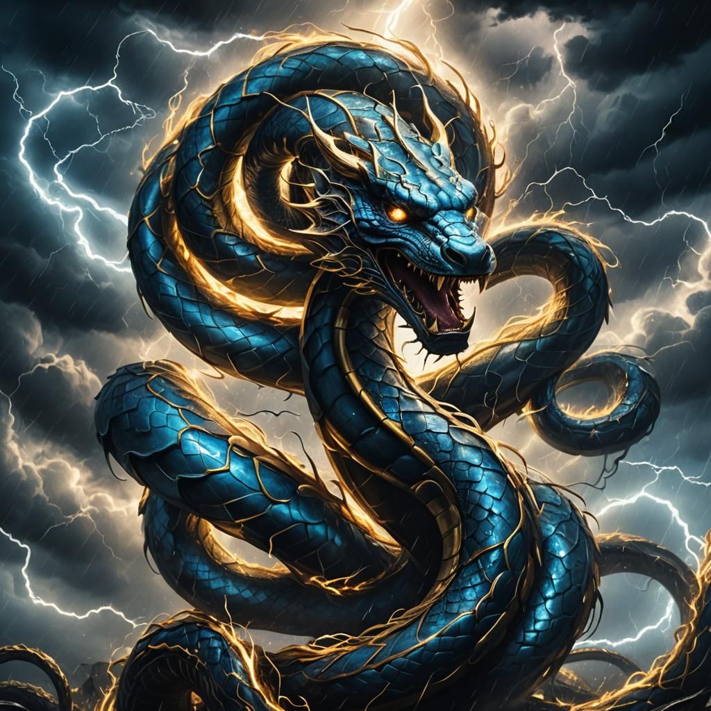 Serpent Emerges from Storm in Dark Fantasy Illustration