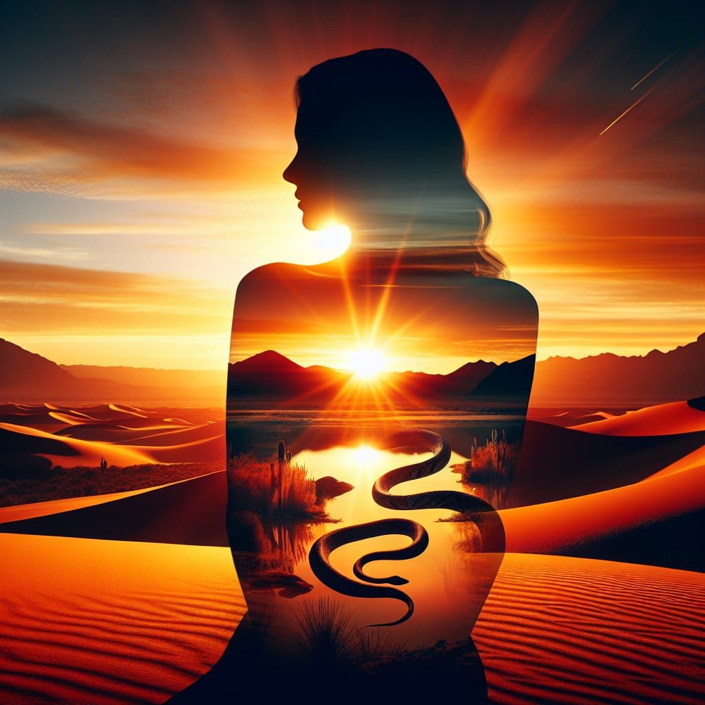 Orange Sunset Silhouette with Desert Oasis