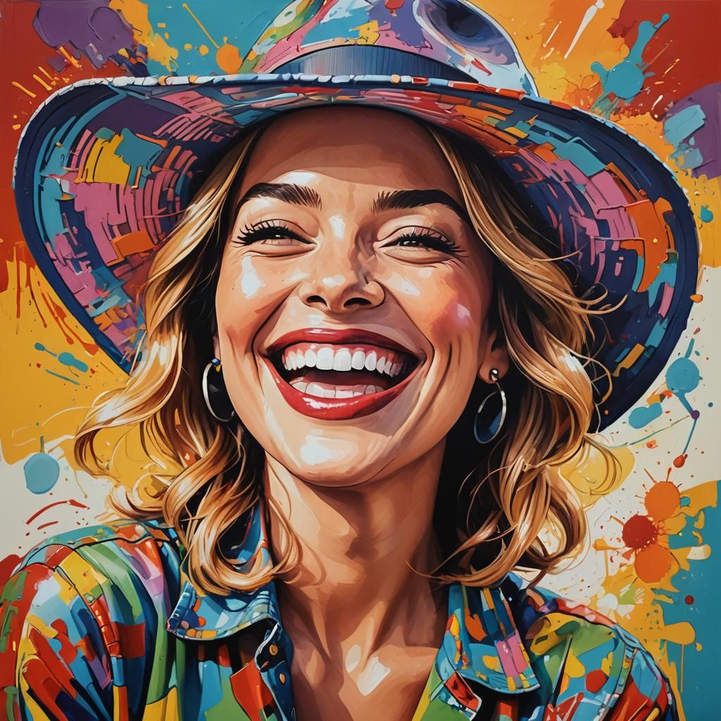 Cheerful Lady in Hat: Pop Art Portrait