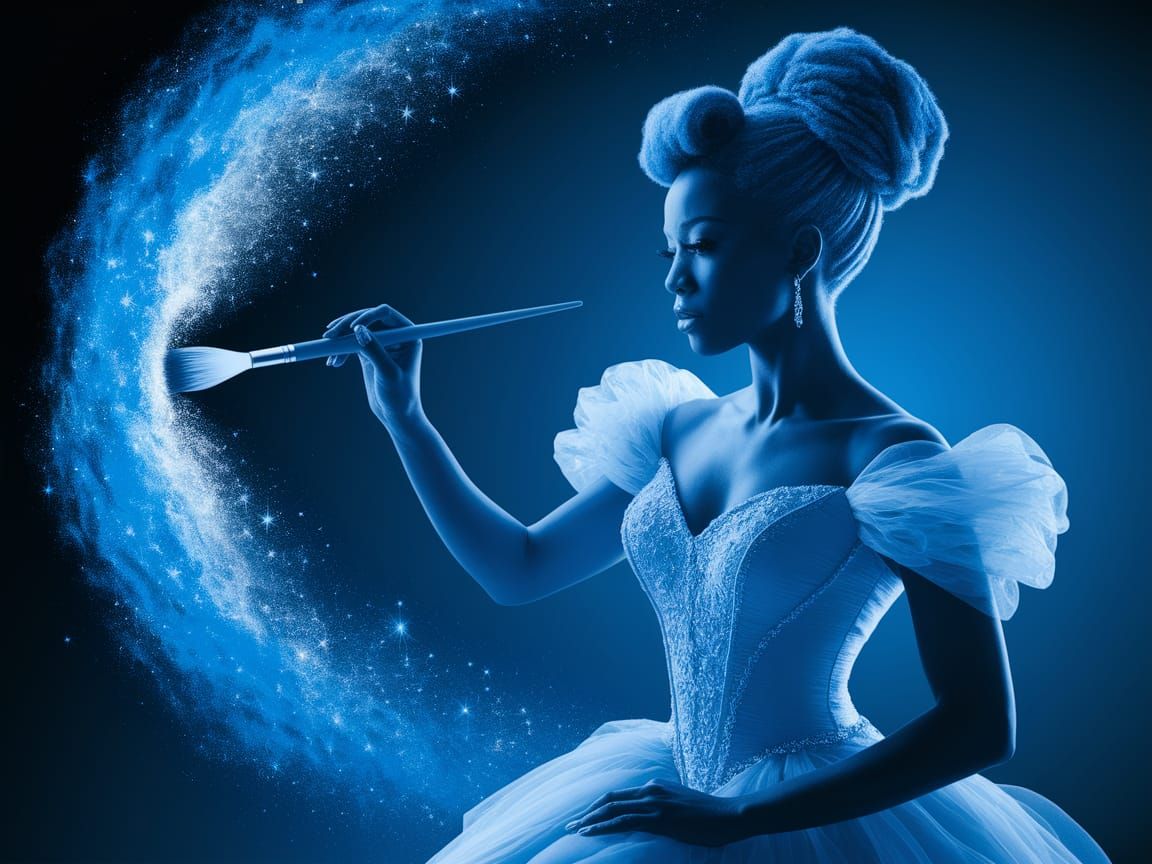 Monochromatic Blue Portrait of Woman Painting the World