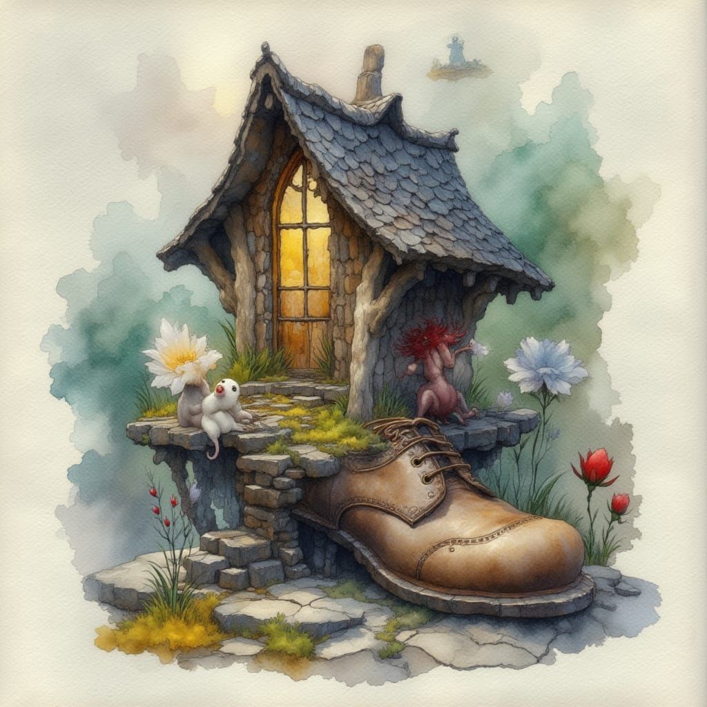 Mystic Boot House with Mice Family in Watercolor