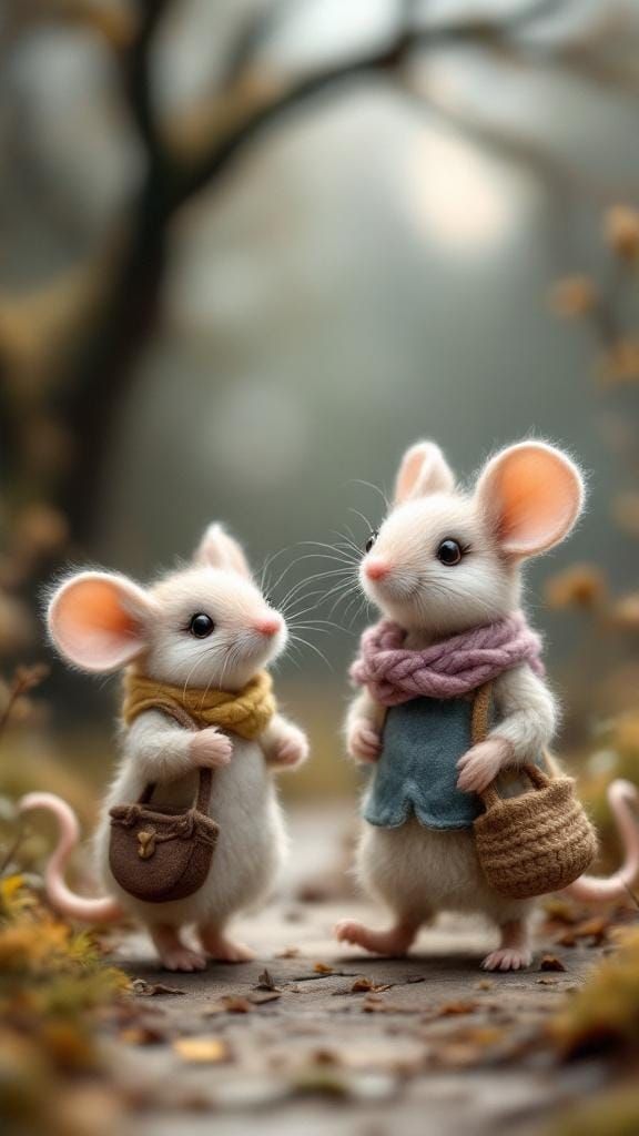 Whimsical Yarn Mice Family Scene