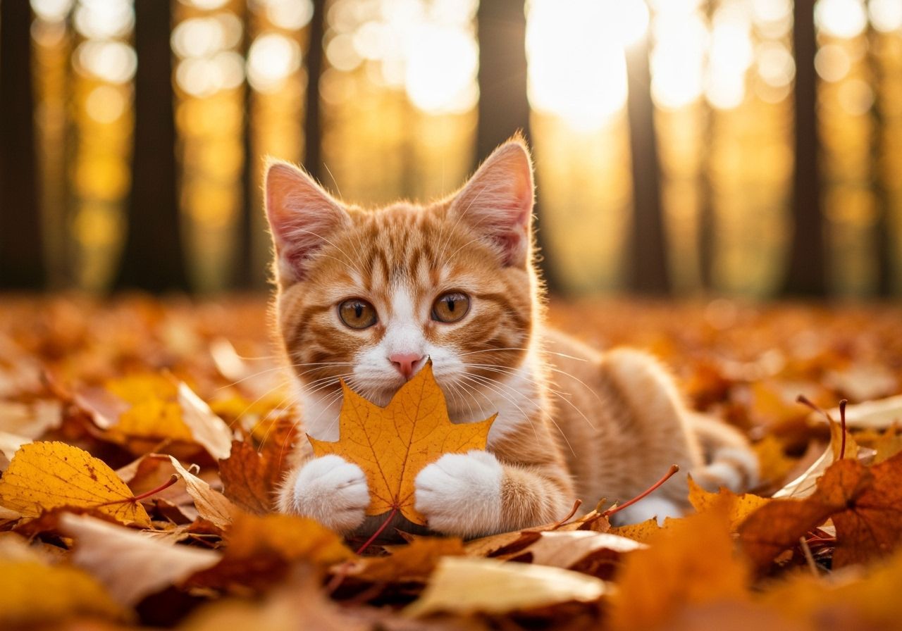 Cute Orange Tabby Kitten in Autumn Leaves