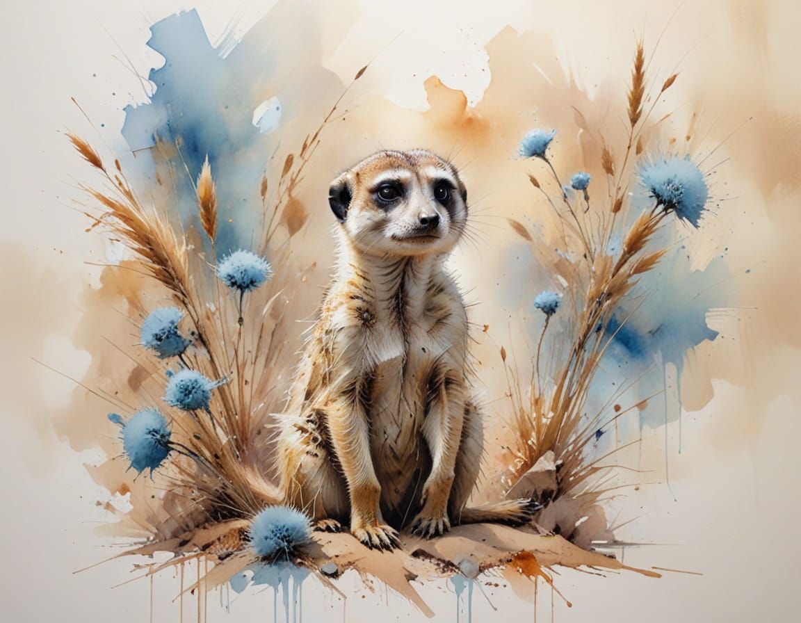 Thoughtful Meerkat in Desert Landscape, Stylized Watercolor
