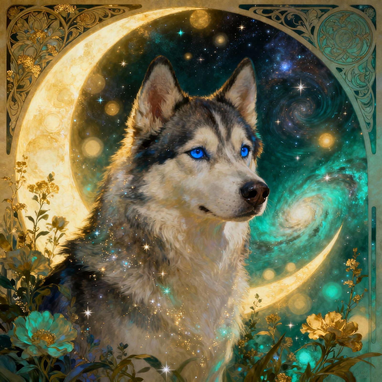 Celestial Husky in Cosmic Garden Art Nouveau Style