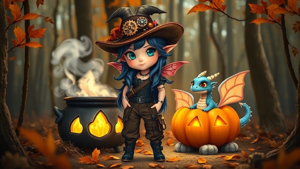 Autumn Fairy with Dragon in Enchanted Forest