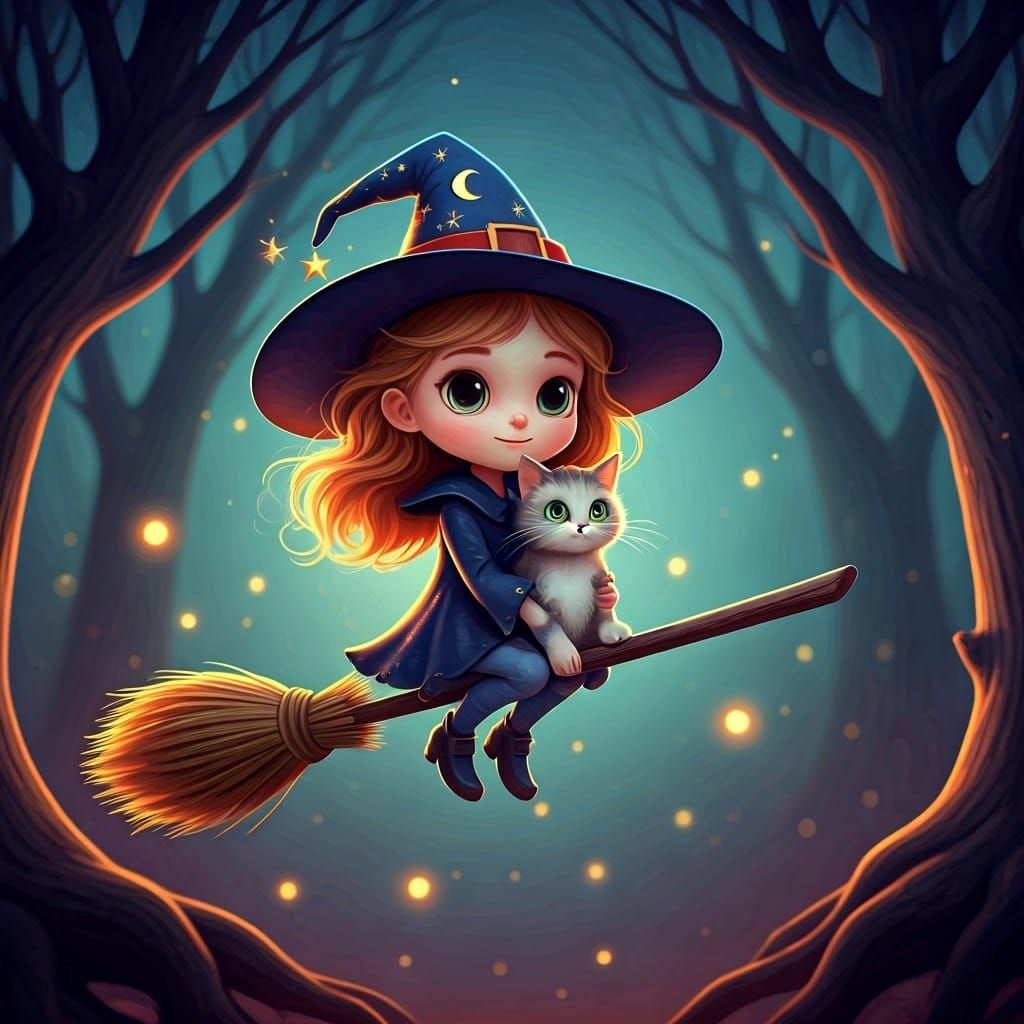 Whimsical Witch Soars Through Enchanted Forest