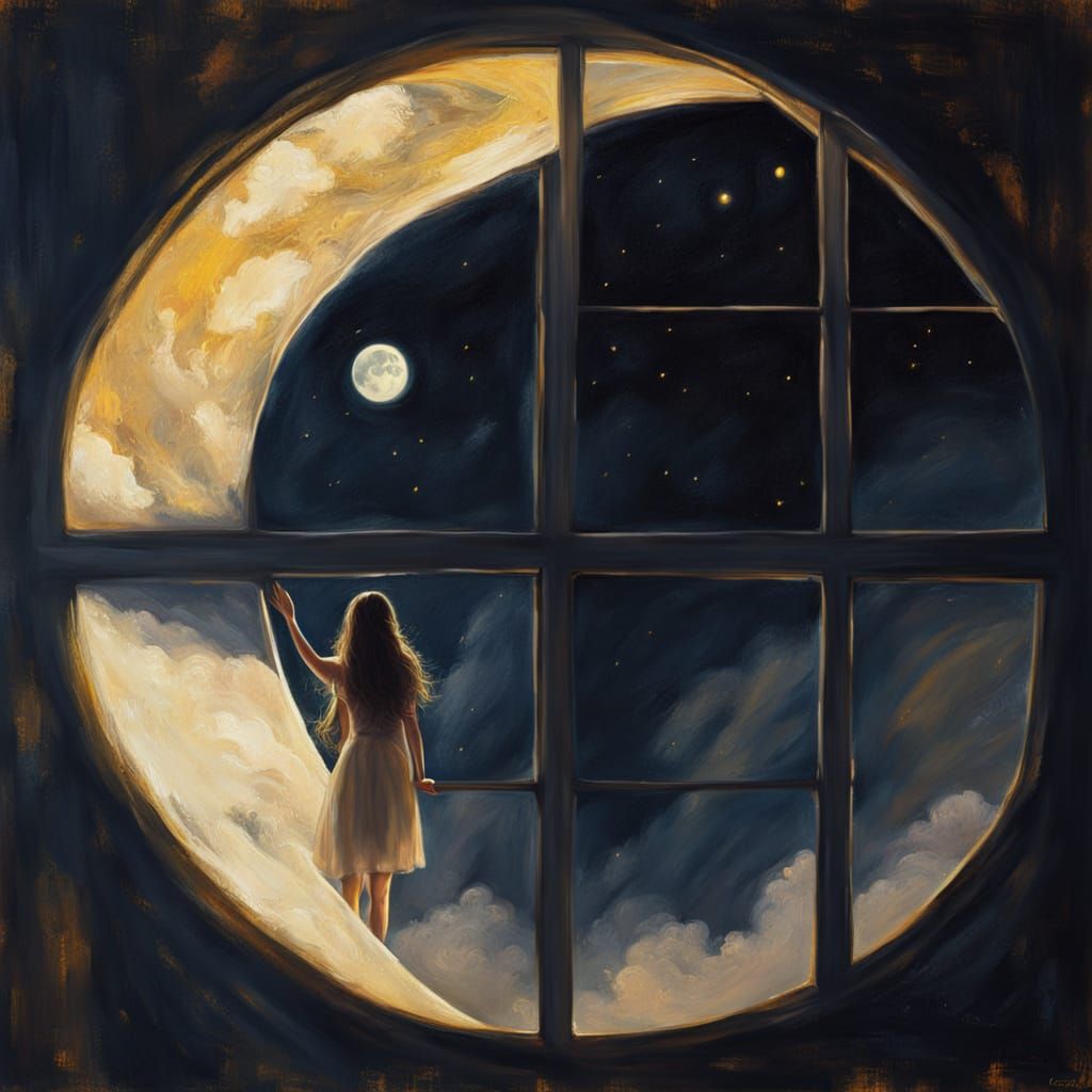 Woman Gazes at Moon Through Window in Golden Light