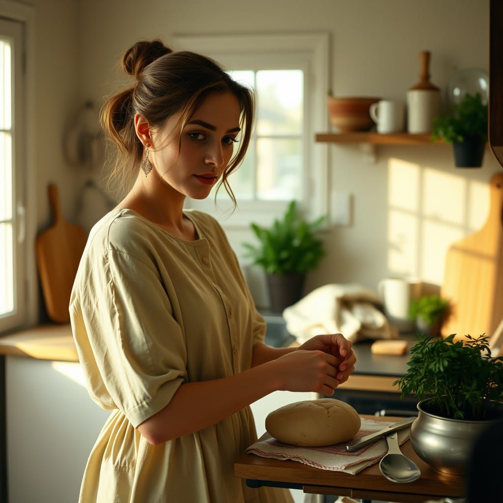 Serene Woman in Cozy Kitchen: A Cinematic Portrait