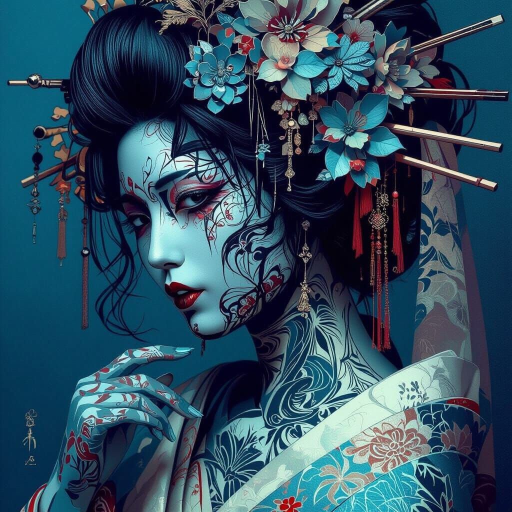 Mysterious Geisha in Temple, Ornate Details, Eerie Lighting