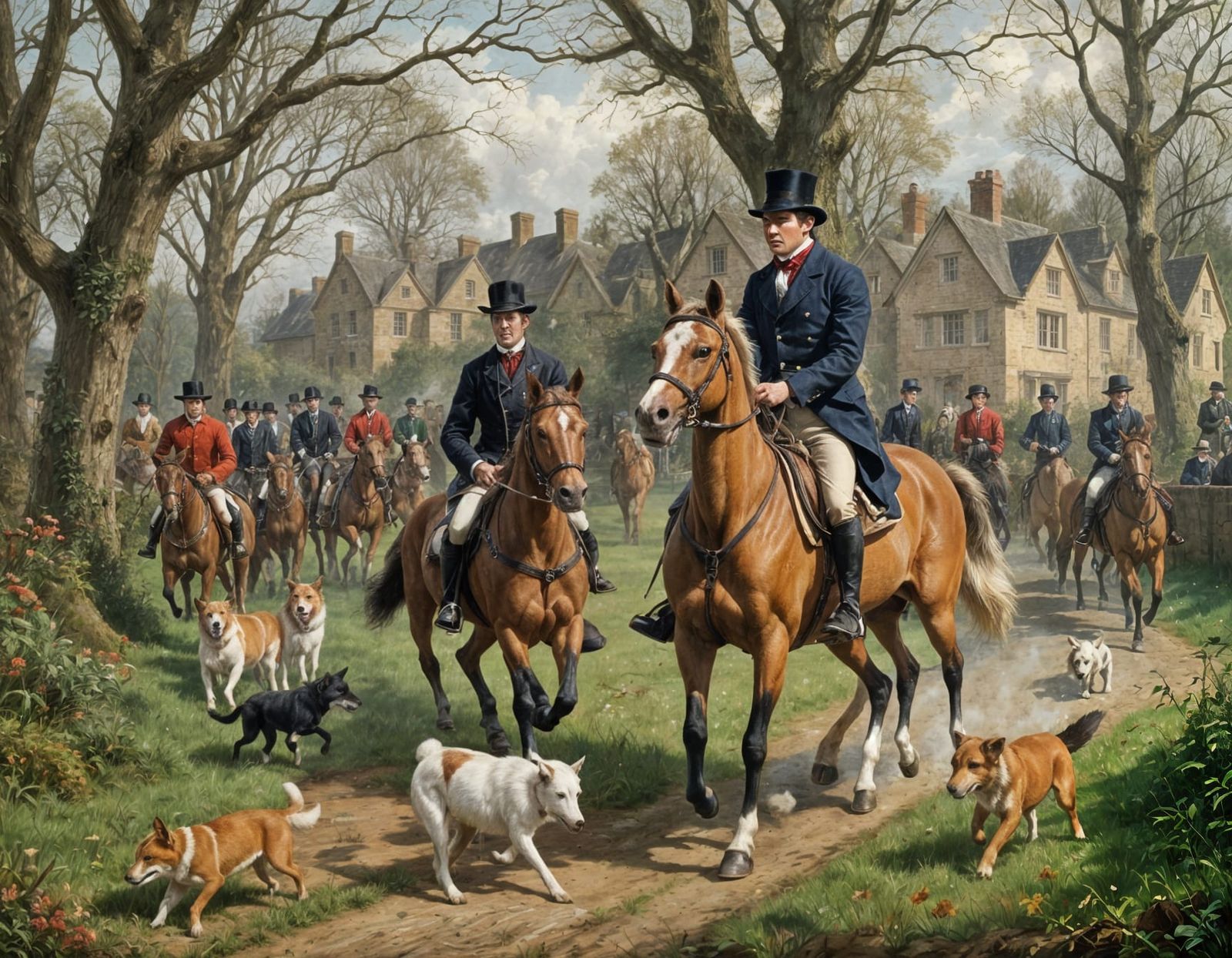 Fox Hunt on Manor Estate as Oil Painting