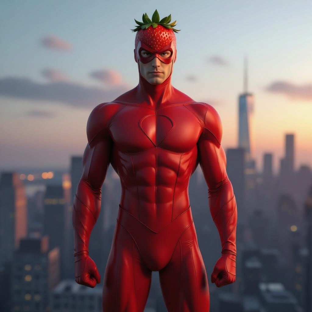 Strawberry Superhero in Red Suit Over Cityscape