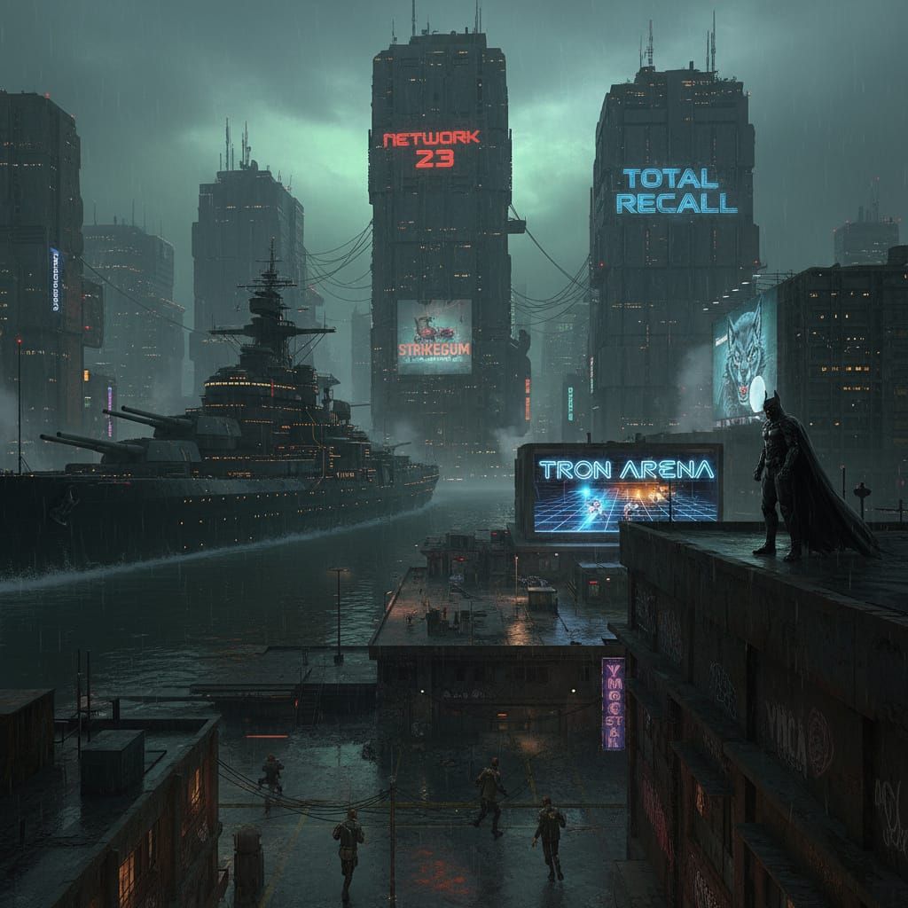 Cyberpunk Battleship in Futuristic City Port at Night