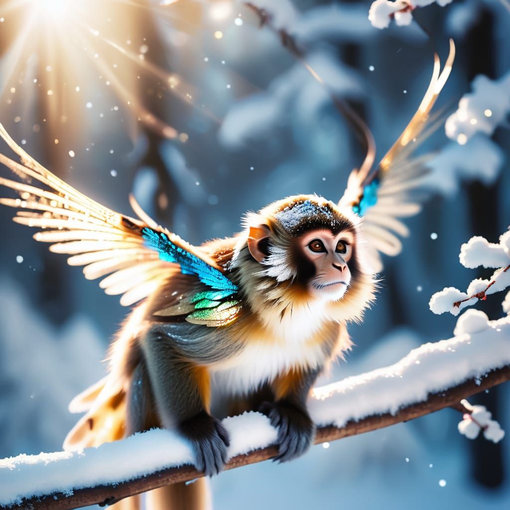 Ethereal Monkey Perches on Snowy Branch in Cinematic Film St...