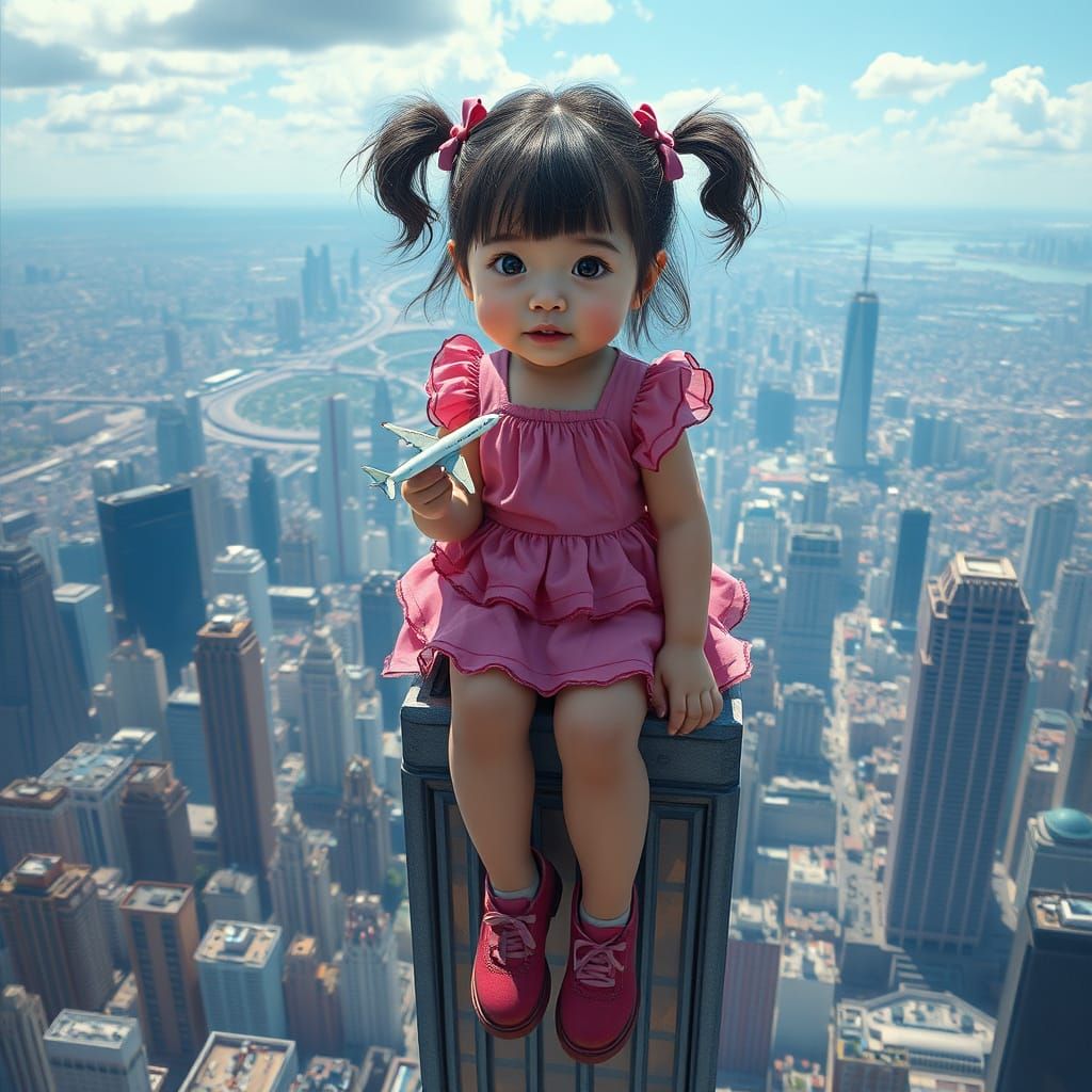 Giant Girl on Skyscraper in Pink Dress