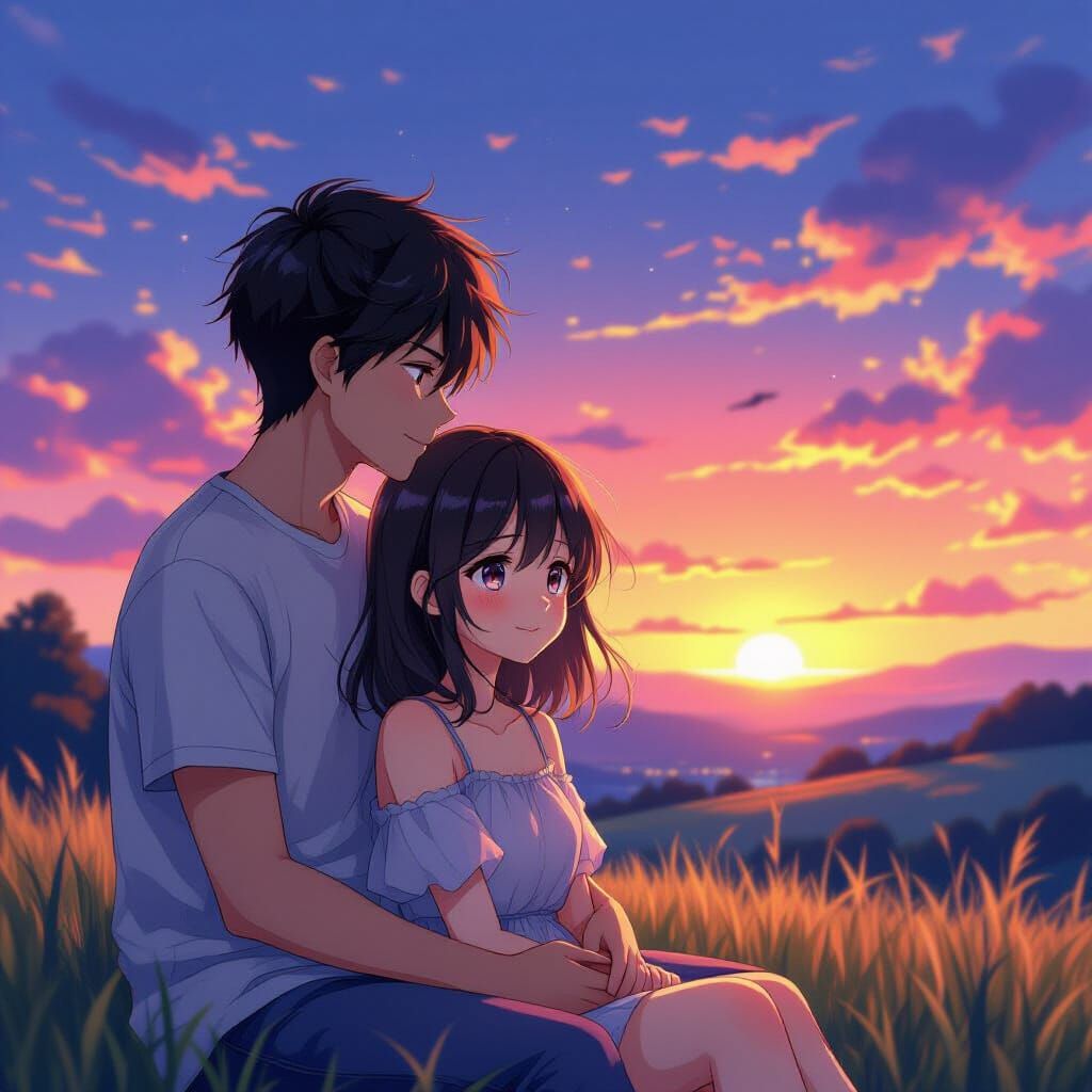Anime Couple Watching Vibrant Sunset, Manga Realistic Style