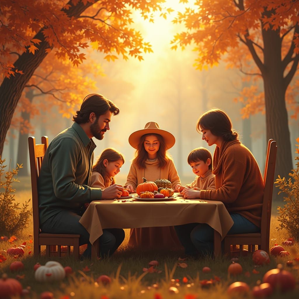 Golden Family Harvest in Dreamy Autumnal Scene