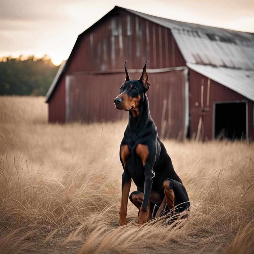 Doberman Hiding Under Quilted Sky, Dust Bowl Style