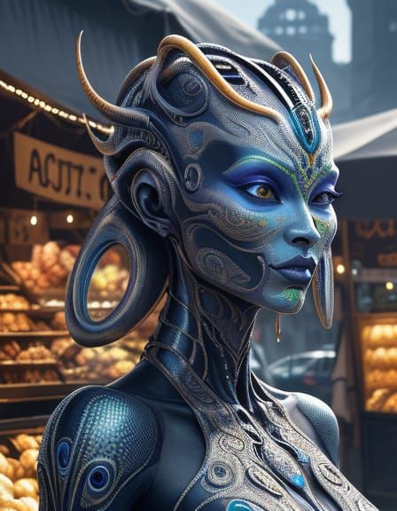 Beautiful Alien Woman Selling Gems in Pop Art Style