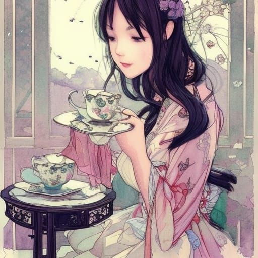 Tea Cup and Books in Art Nouveau Style