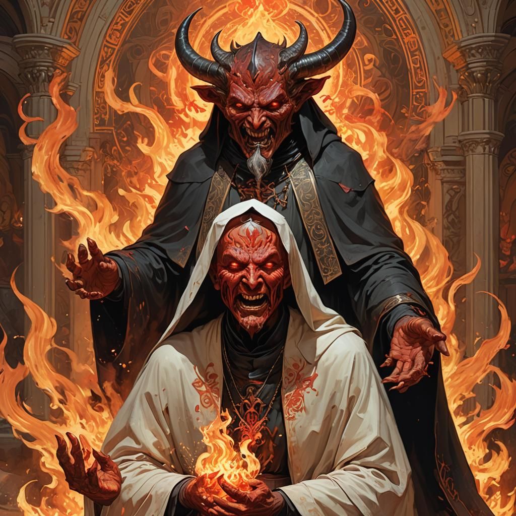 Devil and Nun Portrait in Art Nouveau Style