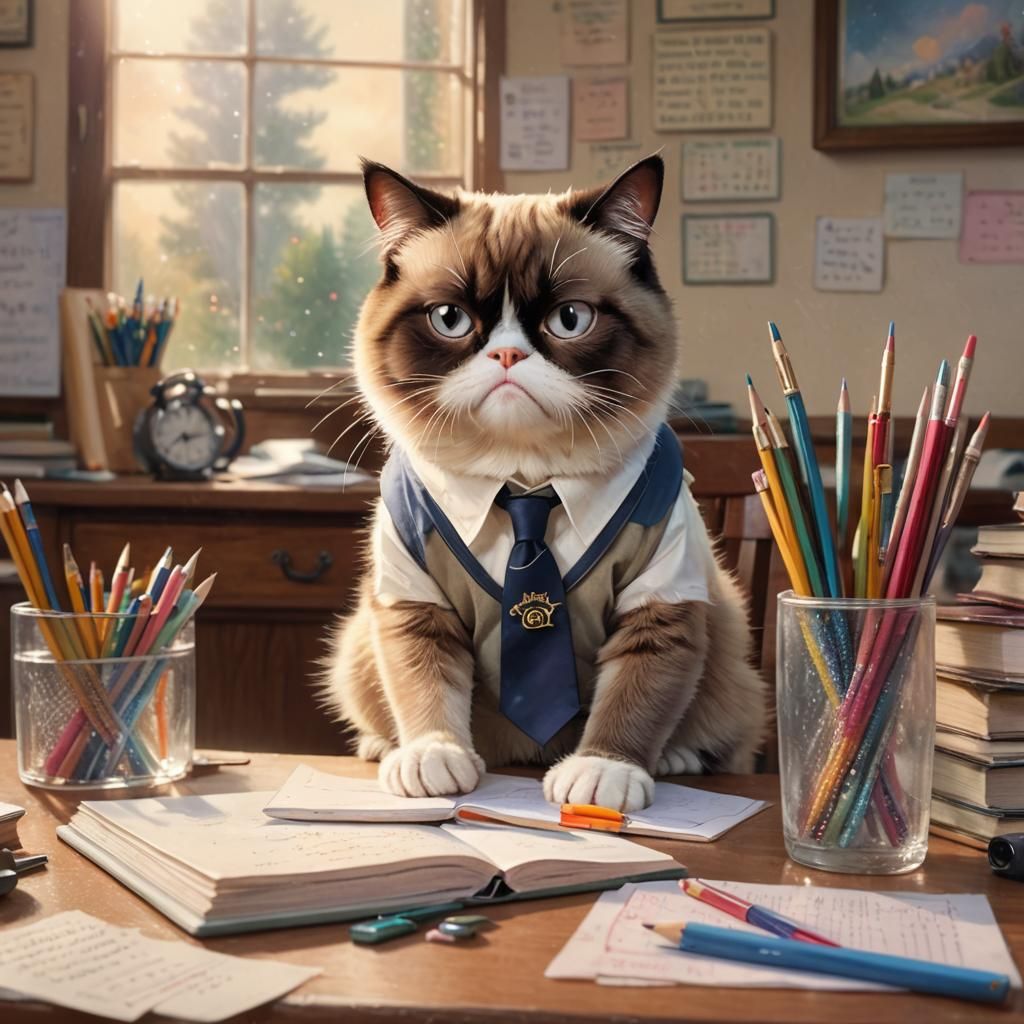 Grumpy Cat Does Homework: Kawaii Digital Art