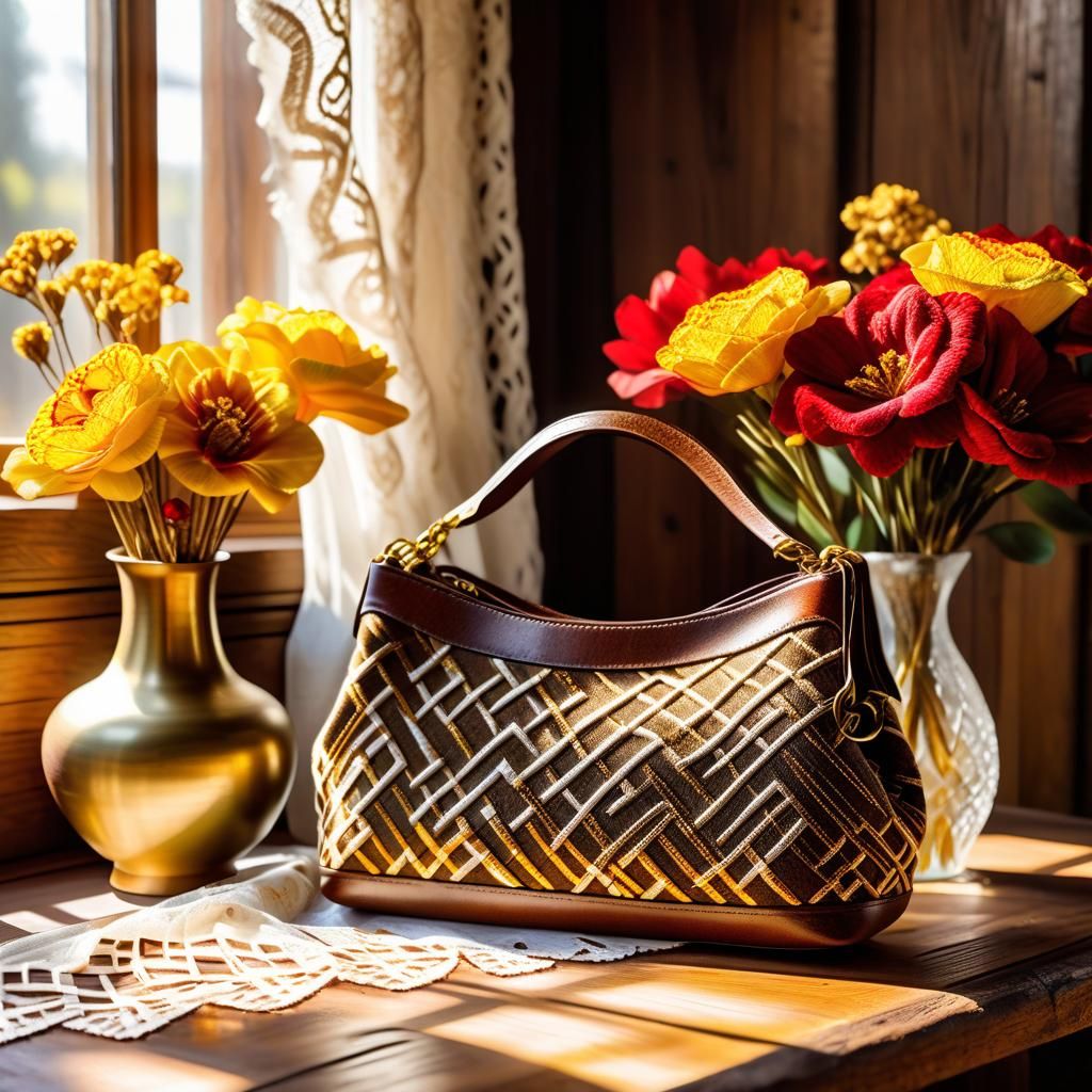 Textured Purse with Brass Vase in Rustic Interior