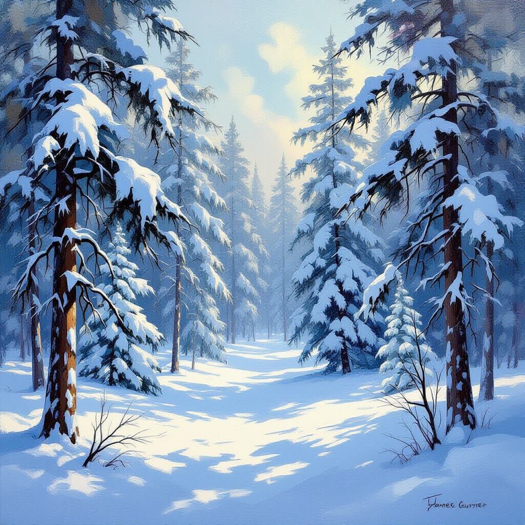 Serene Winter Pine Forest in Expressive Oil Painting Style