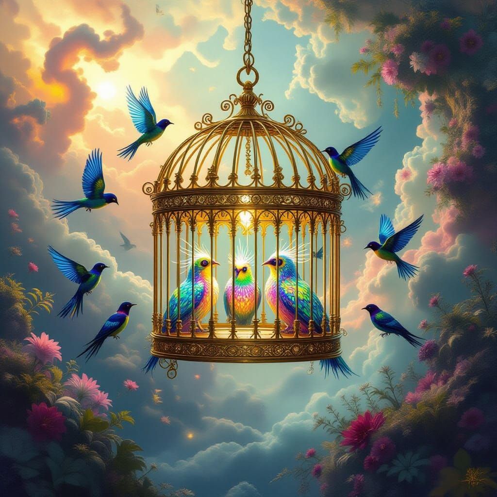 Surreal Golden Cage in Ethereal Landscape with Glowing Creat...