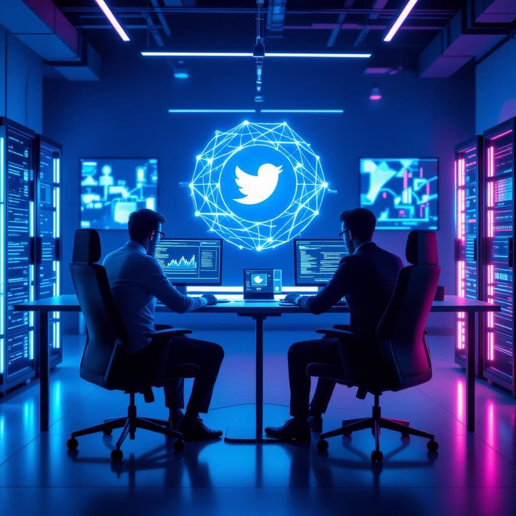 Futuristic Programmer in Neon Lit Office, Cinematic Style