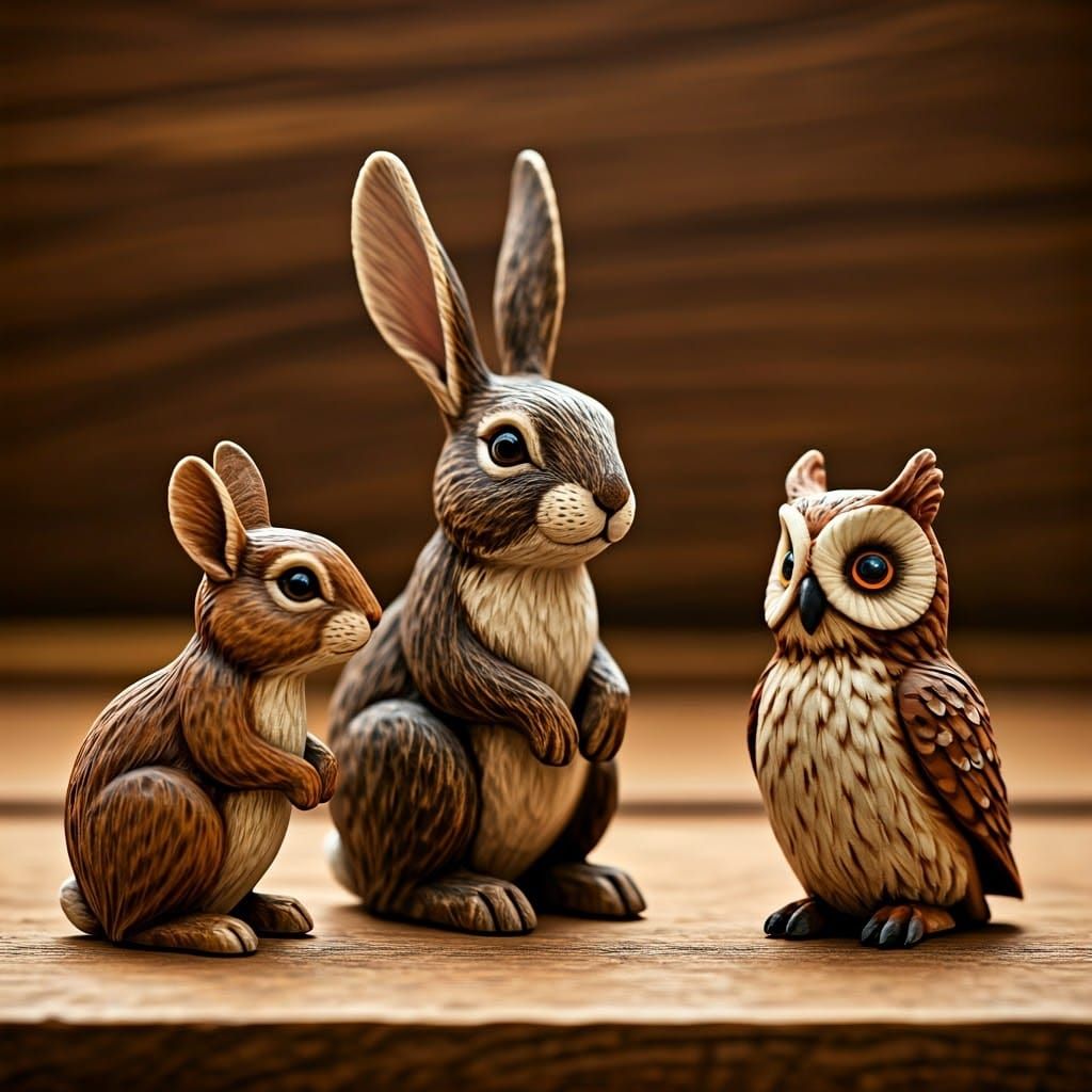 Carved Wooden Forest Creatures in Whimsical Style