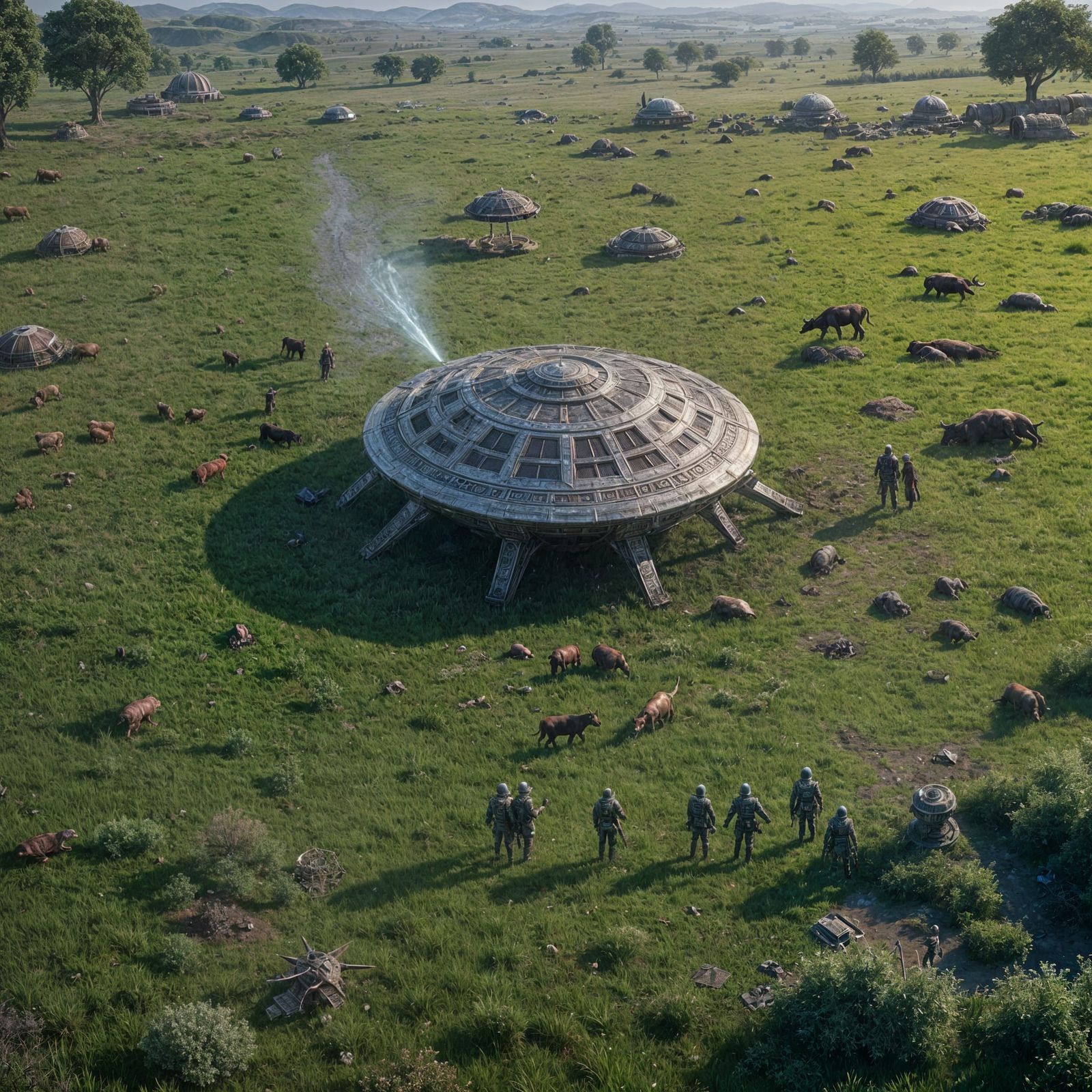 UFO Lands: Aliens Inspect Cow in Matte Painting