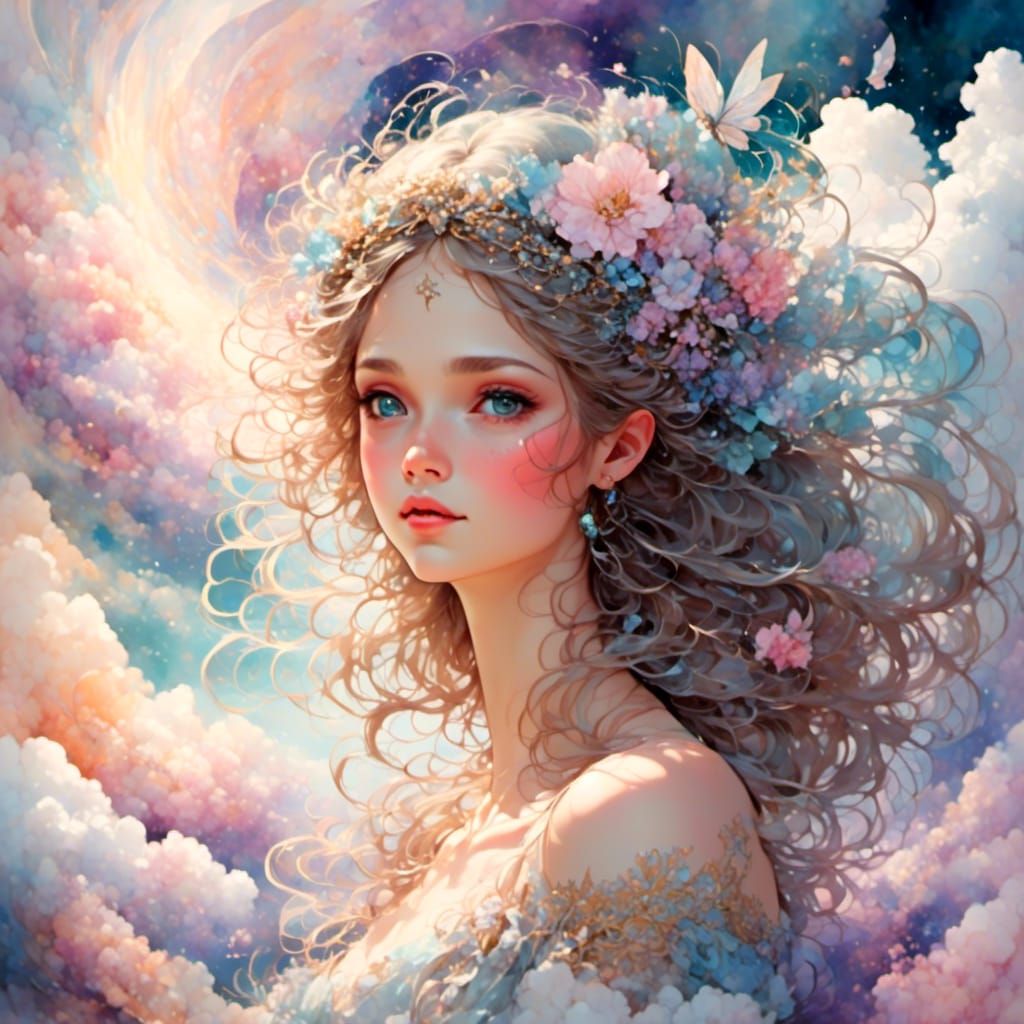 Pastel Fairy Girl in Watercolor Art