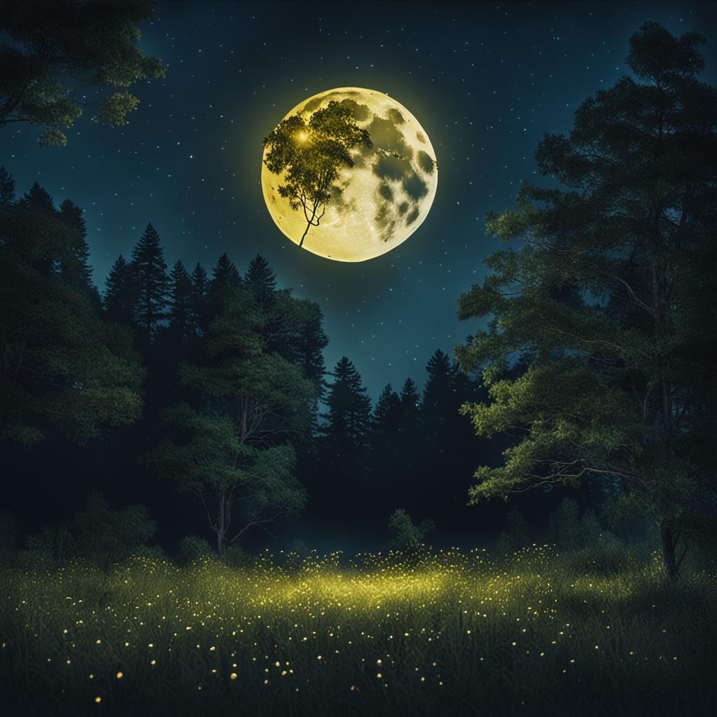 Fireflies Under a Full Moon: Cinematic Film Still