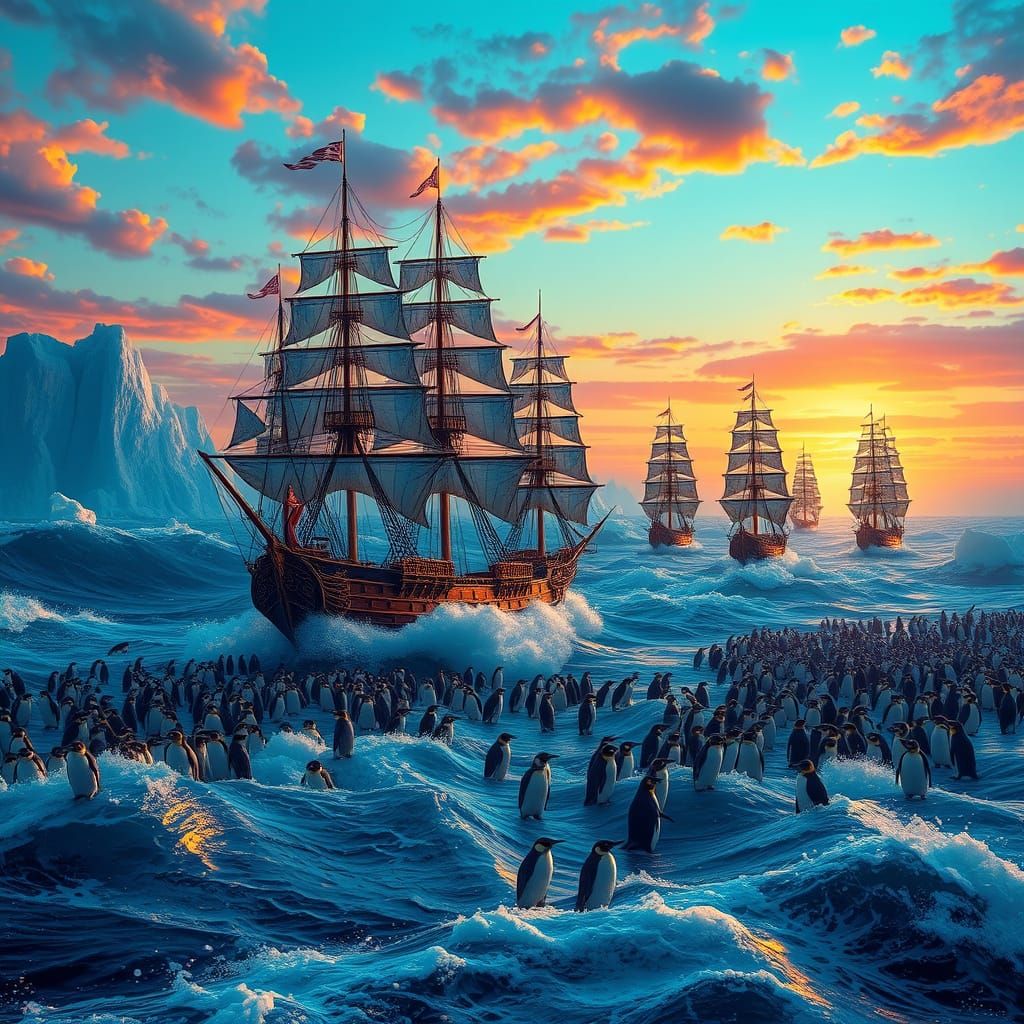 Sailing Vessels Amidst Turbulent Electric Blue Sea in Sunset
