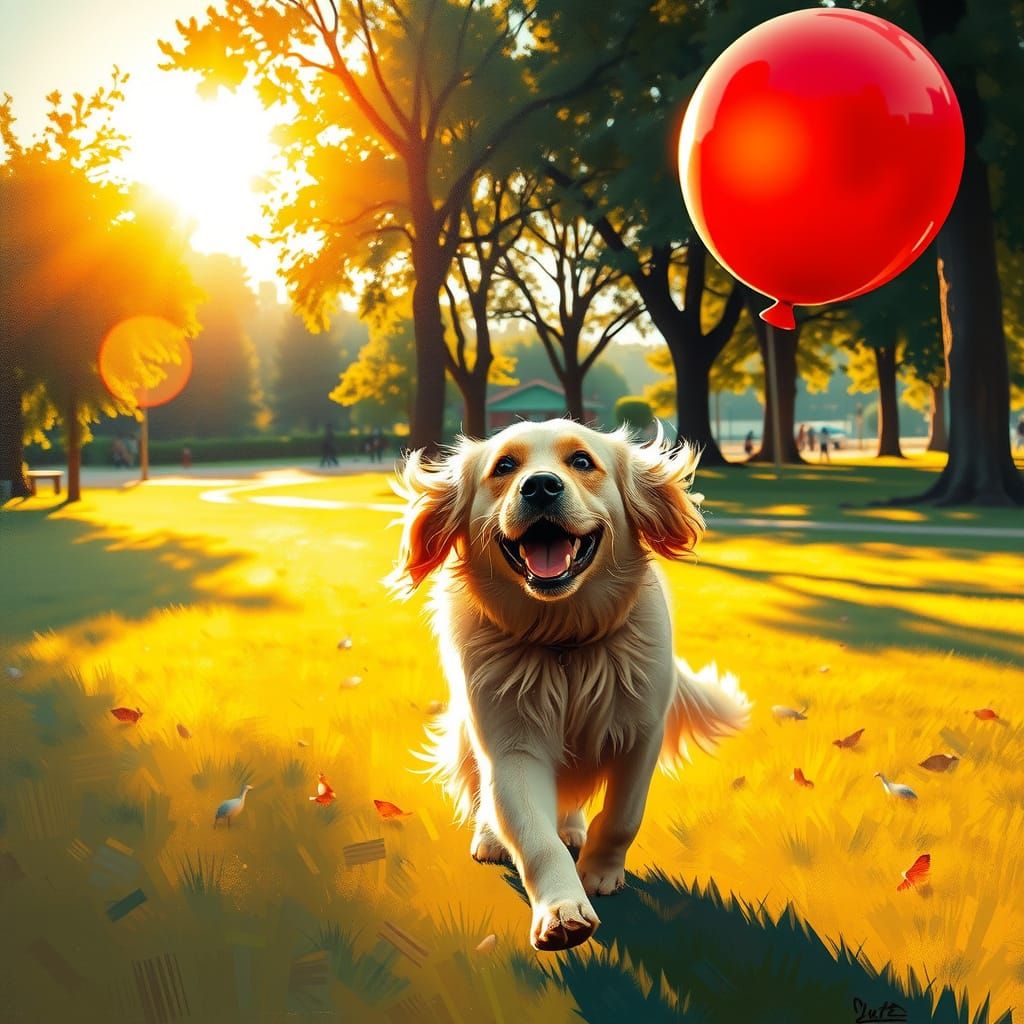 Happy Golden Retriever Chasing Balloon in Park