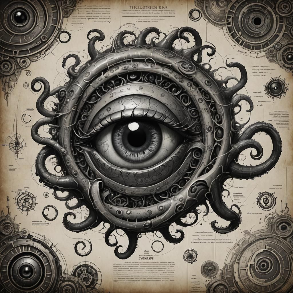 Photorealistic Blueprint of Tentacle Eyes with Runes
