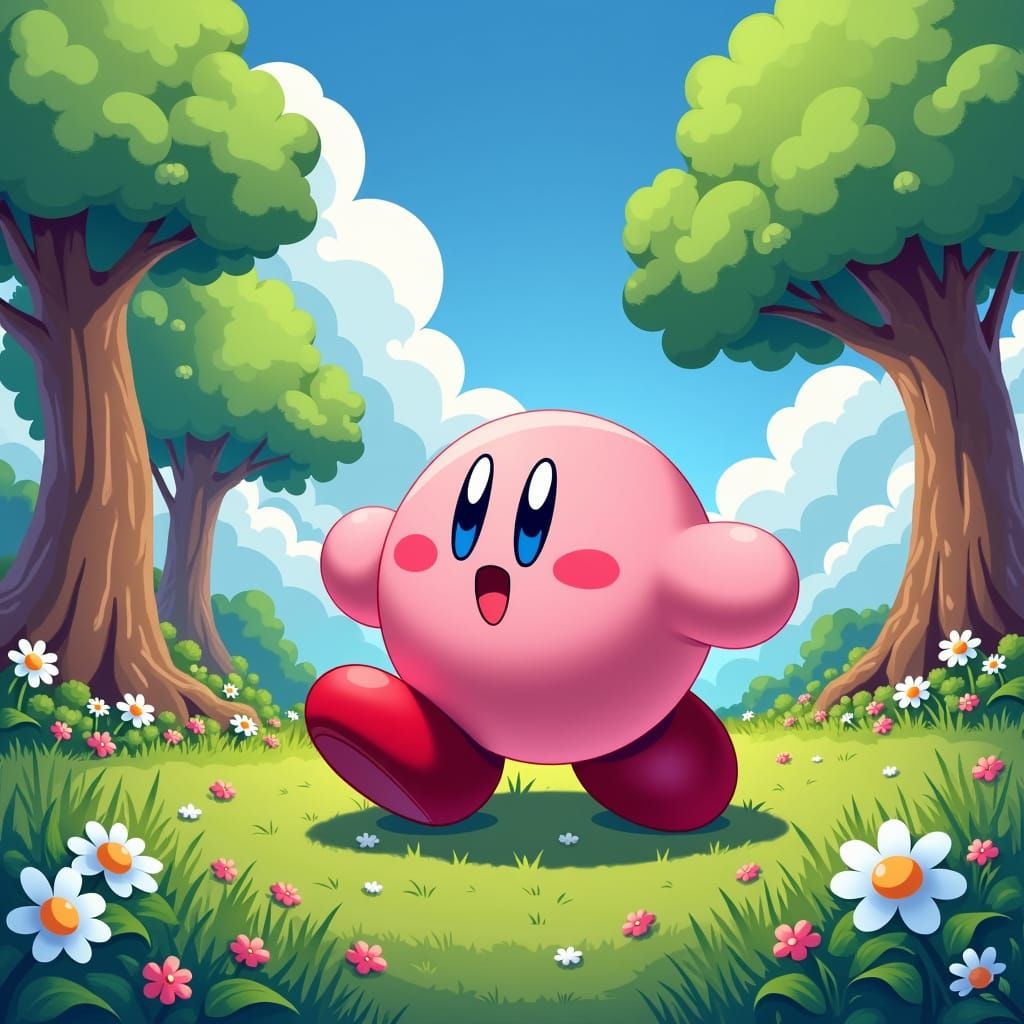 Energetic Kirby in Dream Land: Anime-Inspired Art