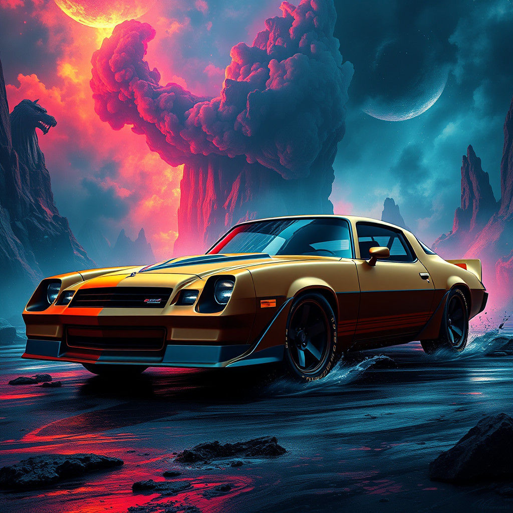 Matte Painting of 1980 Camaro in Fantasy Setting