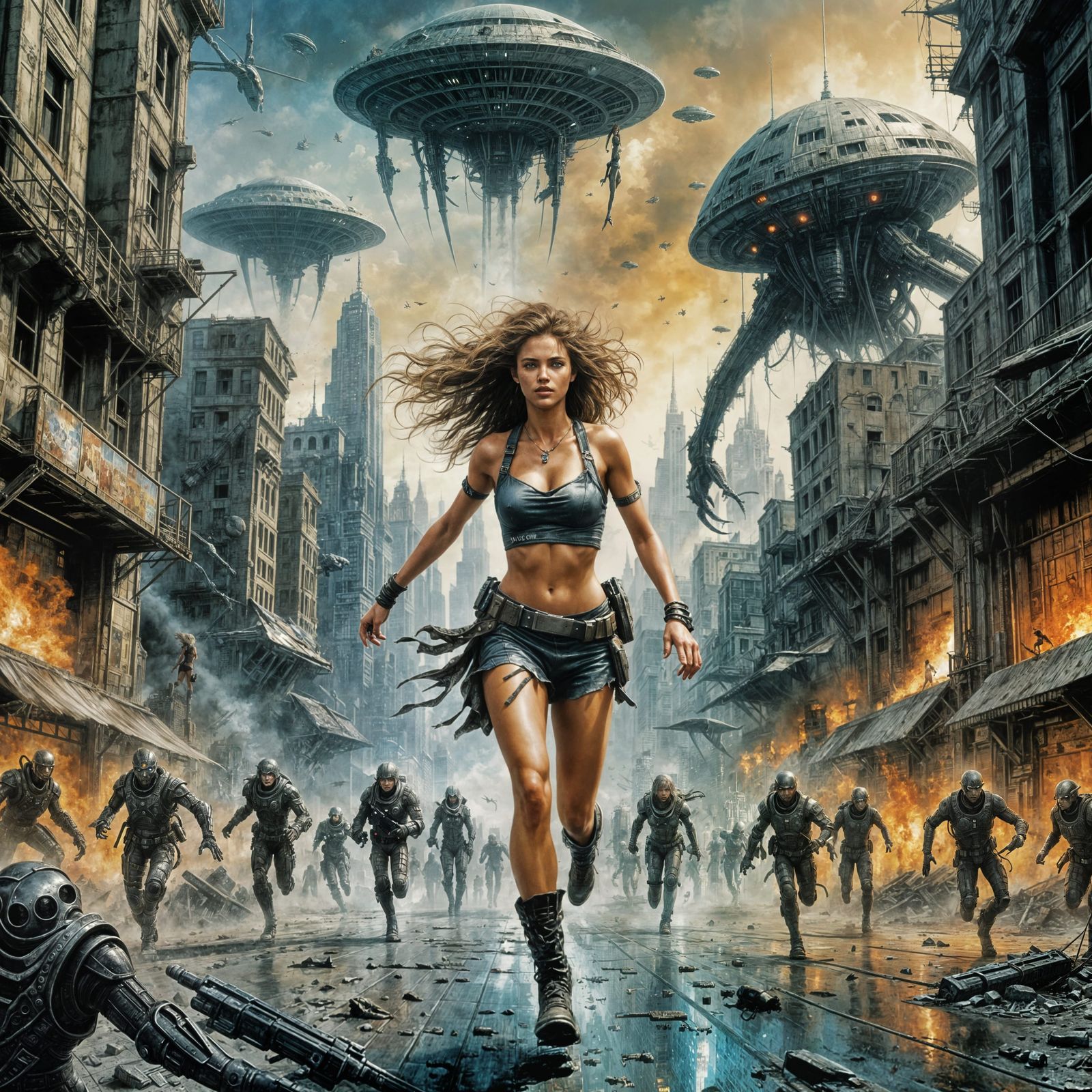 Girl Running from Aliens in Comic Book Style