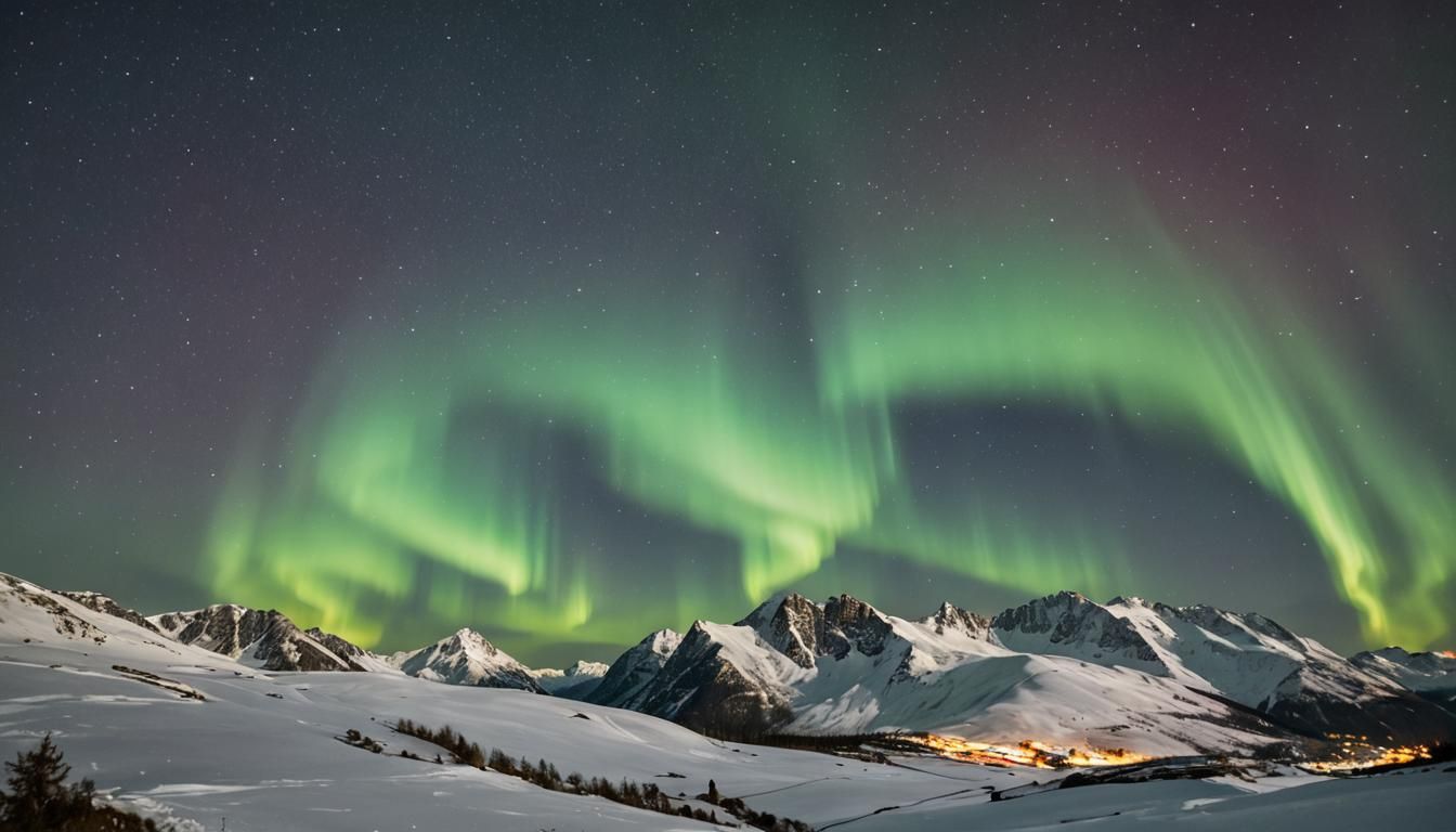 Spectacular Aurora Borealis Over Snowy Mountains