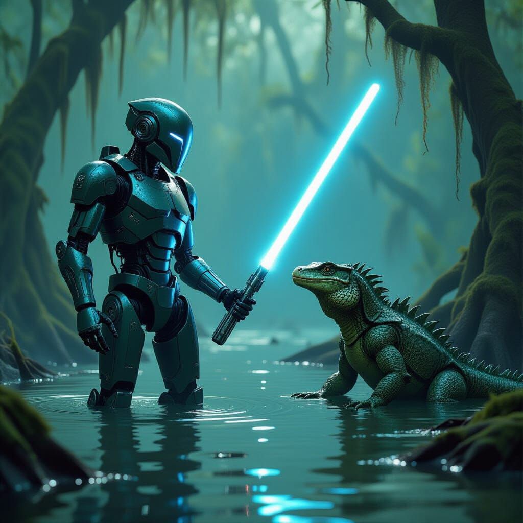 Robot With Lightsaber Battles Lizardfolk in Swamp