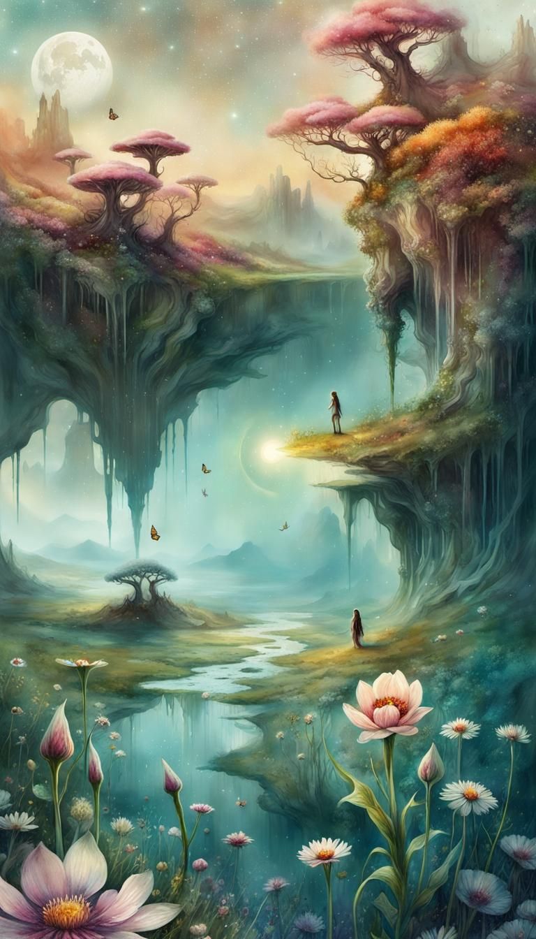 Surreal Flower Meadow Dripping off Planets