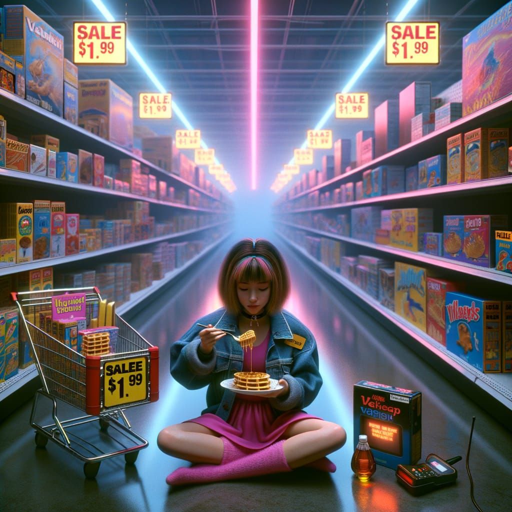 Whimsical 90s Supermarket Scene in Vintage Cinematic Style